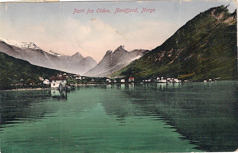 scan0014a.jpg - The front is from Olden, Nordfjord - like the other ones.The text is:"Brynestad November 23 1814Christmas is coming up and our thoughts and a small greeting go to you who are so far away. The card shows Olden from the pier but you might not recognize it I think. Mother and I, Brita and Johane wish you a merry Christmas and a happy New Year.Maria Sigri, Best wishesWe would like to send to Iver Andreas as well, but we do not know the address."The sign off probably should read: Greetings Maria, live well, Sigri(DH)